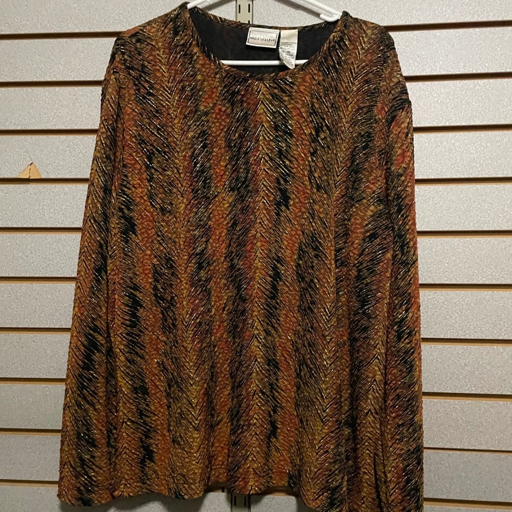 Napa Valley‎ XL Long Sleeve Textured Sparkle Top Orange Black Gold Metallic